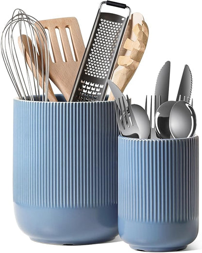LE TAUCI Utensil Holder for Kitchen Counter, 7.3"+5.4" Fluted Ceramic Utensil Crock Organizer for Countertop, Heavy Large Holder for Spatulas, Spoons, Set of 2, Dusty Blue