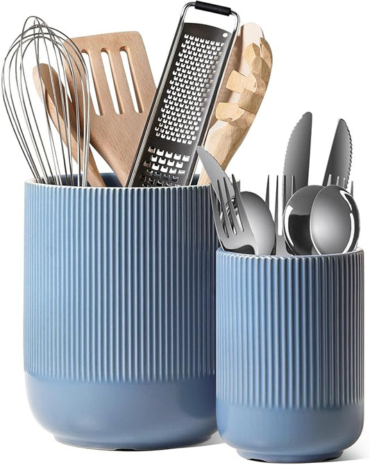 LE TAUCI Utensil Holder for Kitchen Counter, 7.3"+5.4" Fluted Ceramic Utensil Crock Organizer for Countertop, Heavy Large Holder for Spatulas, Spoons, Set of 2, Dusty Blue