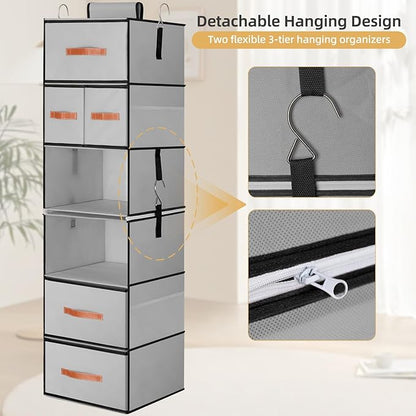 Hanging Closet Organizer 6-Shelf, Upgrade Closet Organizers and Storage with 5 Removable Drawers & 4 Side Pockets, Hanging Shelf Organizer for Bedroom or Garment Rack, 12.6'' x 12.6'' x 44.1'', Gray