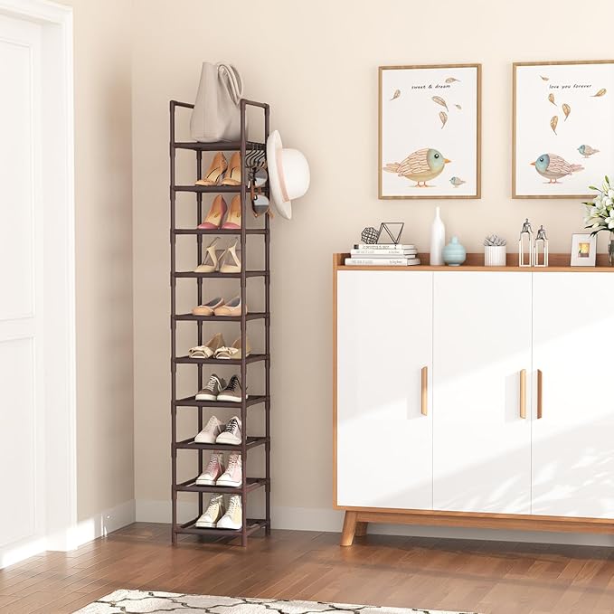 LANTEFUL Tall Shoe Rack 10-Tier Narrow Shoe Shelf Storage for 10-15 Pairs Shoe and Boot, Sturdy Shoe Storage Space Saving Corner Shoe Rack Organizer for Closet, Entryway, Living Room, Brown