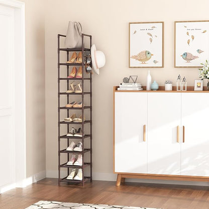 LANTEFUL Tall Shoe Rack 10-Tier Narrow Shoe Shelf Storage for 10-15 Pairs Shoe and Boot, Sturdy Shoe Storage Space Saving Corner Shoe Rack Organizer for Closet, Entryway, Living Room, Brown