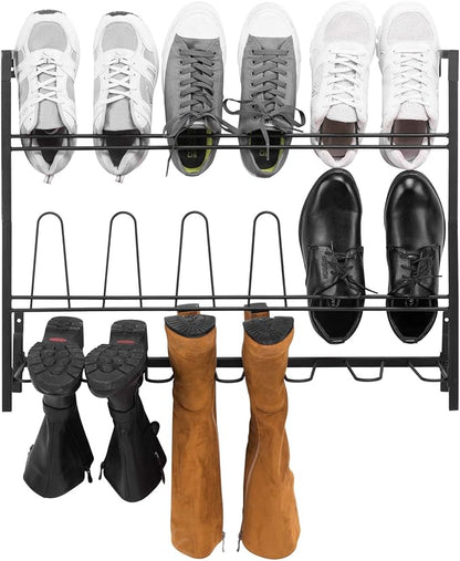 MyGift Premium Black Metal Hanging Wall Shoe Rack for Walk in Closet, Mudroom and Entryway, Wall Mounted Space Saving Boot and Shoe Rack Organizer, Holds 9 Pairs