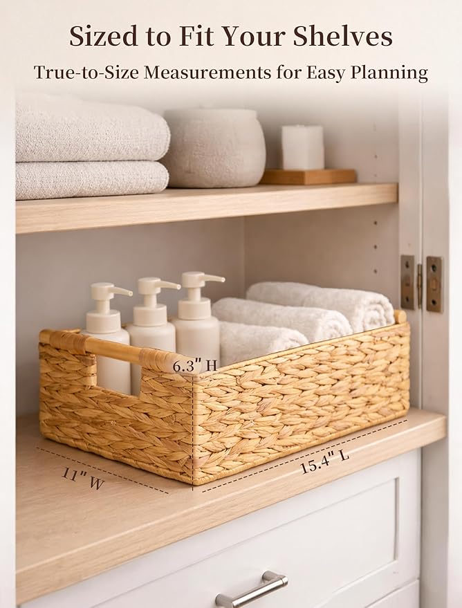 Water Hyacinth Wicker Basket, 15.43*11.02*6.3 Inch Woven Basket with Handles, Wooden Handles Wicker Storage Basket, Rattan Basket for Decorative Baskets, Pantry, Shelves, Gift, Toys - Large