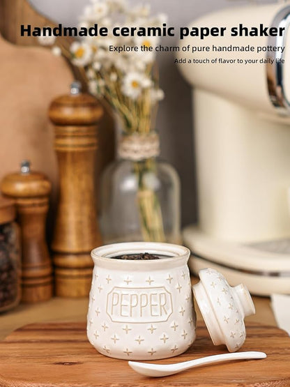 Salt & Pepper Bowl with Lid and Spoon, 10 OZ Ceramic Spices Cellar for Kitchen Counter top, Farmhouse Kitchen Decor (Vintage White, 4.3" Label Pepper)