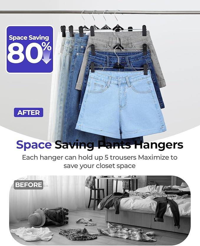 NORTHERN BROTHERS Pants Hangers with Clips 30 Pack Black - Stackable Space Saving - Non-Slip, Adjustable - Jeans Shorts Skirt Hanger with Clips for Man, Women, Kid, Children, Baby