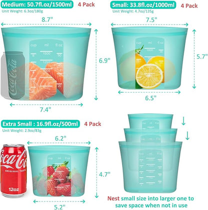Reusable Food Bags, 12 Pack 100% Silicone Food Storage Bags Stand Up Zip Lock Container, Freezer Microwave Oven Dishwasher Safe, 4 Medium 4 Small 4 Extra Small, Aqua