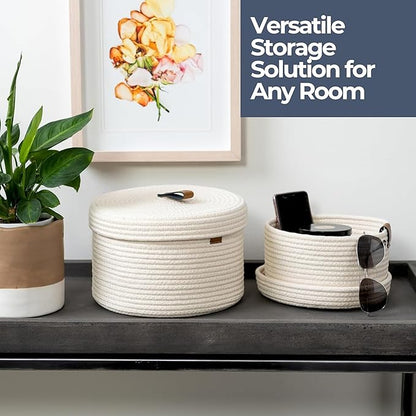 DENJA & CO Set of 2 Decorative Storage Baskets with Lids - Round Woven Baskets for Home Decor and Organizing - Small Shelf Baskets with Leather Tabs and Handles - Decorative Storage and Organizer Bins