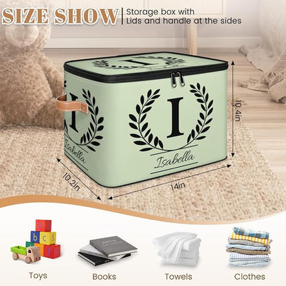 Custom Storage Bins with Lid, Initial Name Personalized Storage Basket Boxes, Eucalyptus Leaves Foldable Closet Organizer Cube, Sage Green