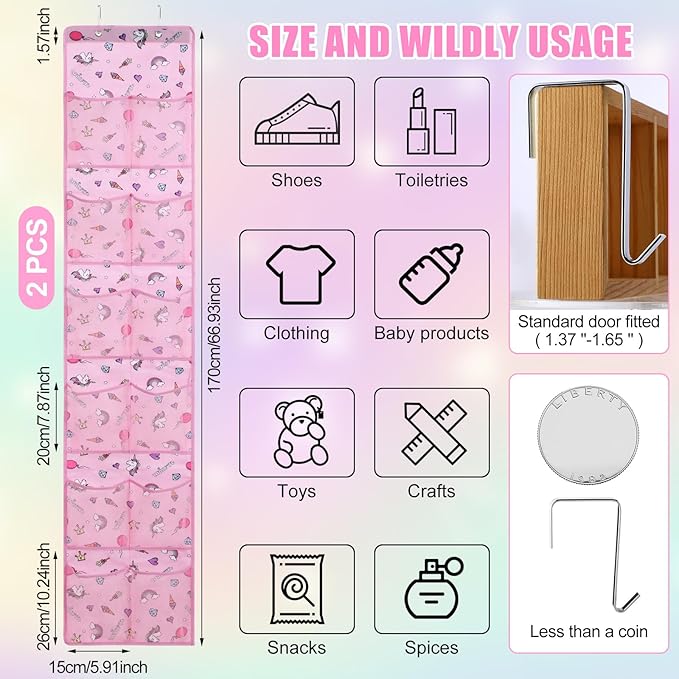 Windyun 2 Pcs Kids over The Door Shoe Organizer 24 Pockets Unicorn Baby Water Bottle Organizer Rack Hanging Girls Pink Shoe Storage for School Door Closet Bedroom Wall
