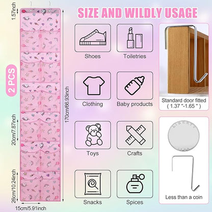 Windyun 2 Pcs Kids over The Door Shoe Organizer 24 Pockets Unicorn Baby Water Bottle Organizer Rack Hanging Girls Pink Shoe Storage for School Door Closet Bedroom Wall