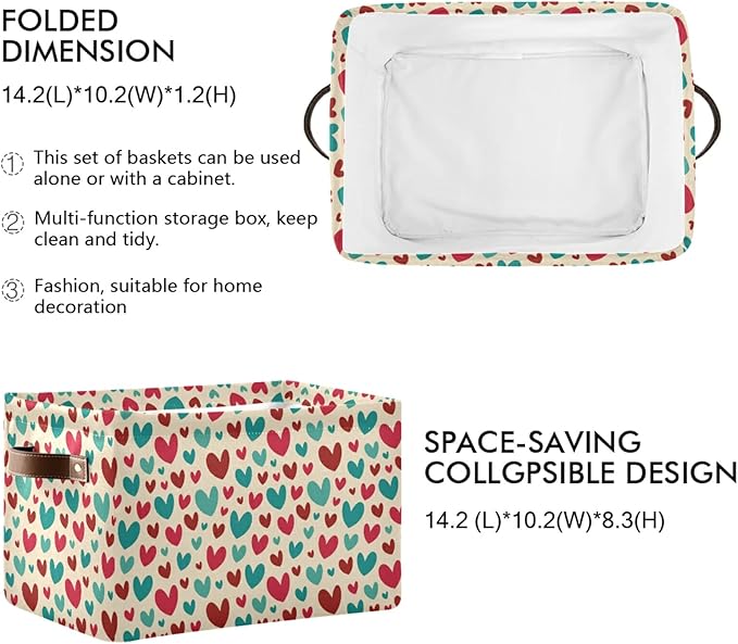 Bolaz Large Storage Basket Vintage Teal Red Cute Hearts Foldable Storage Box Organizer Bins with Handles for Bedroom Home Office