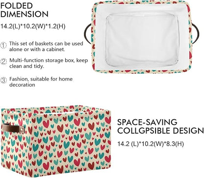 Bolaz Large Storage Basket Vintage Teal Red Cute Hearts Foldable Storage Box Organizer Bins with Handles for Bedroom Home Office