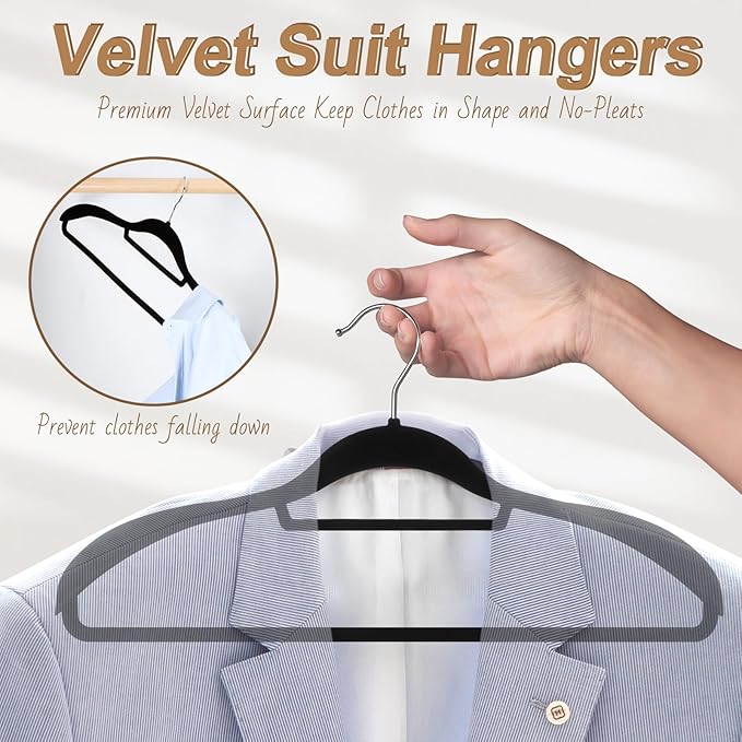 12 Pack Velvet Suit Hangers for Men, 360 Rotating Hooks, Non-Slip, Space-Saving, Suitable for Dress, Pants, Shirts, Skirts, Ties