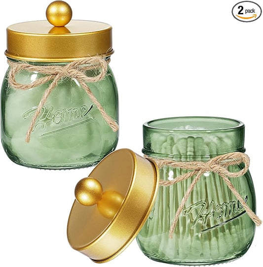 SheeChung Green Glass Qtip Holder Dispenser, Mason Jar Apothecary Jars with Lids, Bathroom Organizers and Storage, Vanity Countertop Canisters Set for Cotton Swab, Ball, Pad, Floss Pick-Gold, 2 Pack