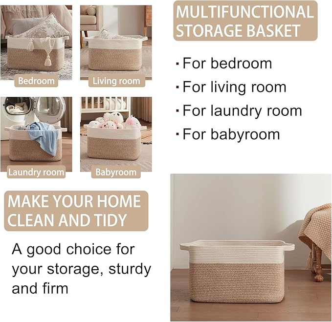 OIAHOMY Large Blanket Basket, 65L Cotton Rope Woven Laundry Basket, Toy Bin for Baby Room, Container for Blanket Storage in Living Room, 20''×16''×12'', Brown & White