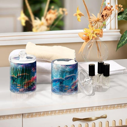 2 Pack Qtip Holder Dispenser Ocean Dolphins 10 Oz Bathroom Organizer with Lids Storage Canister for Cotton Ball,Cotton Swab,Cotton Round Pads,Floss