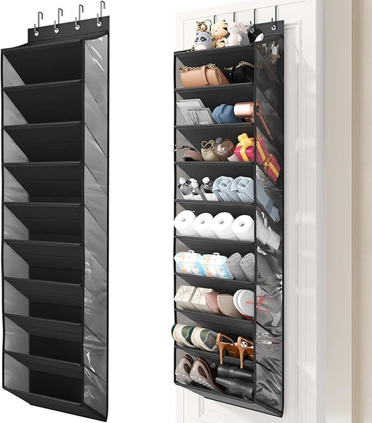 20-25 Pairs Over the Door Shoe Organizer, Clear Pockets Shoe Rack for Closet Door, 10-Tier Hanging Shoe Rack for Boots, Behind the Door Shoe Holder Fit All the Family's Sneakers, Boots, Heels, Black
