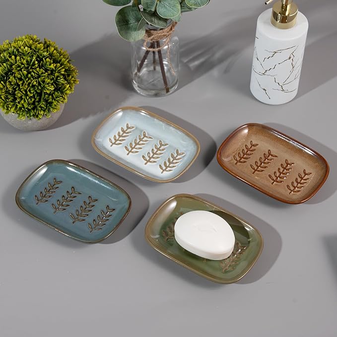 HighHerz Aesthetic Ceramic Soap Dish for Shower, Soap Holder with Raised Relief, Shower Soap Dish for Shampoo Bar Or Sponge, Soap Saver for Bathroom, Kitchen, Sink, Decorative Soap Tray (Green)