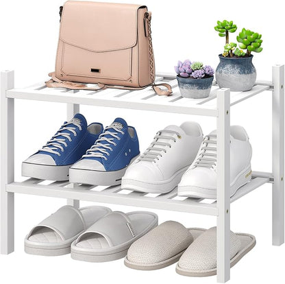 viewcare White Small Shoe Rack for Entryway,2-Tier Bamboo Shoe Organizer for Hallway Closet, Free Standing Shoe Racks for Indoor Outdoor