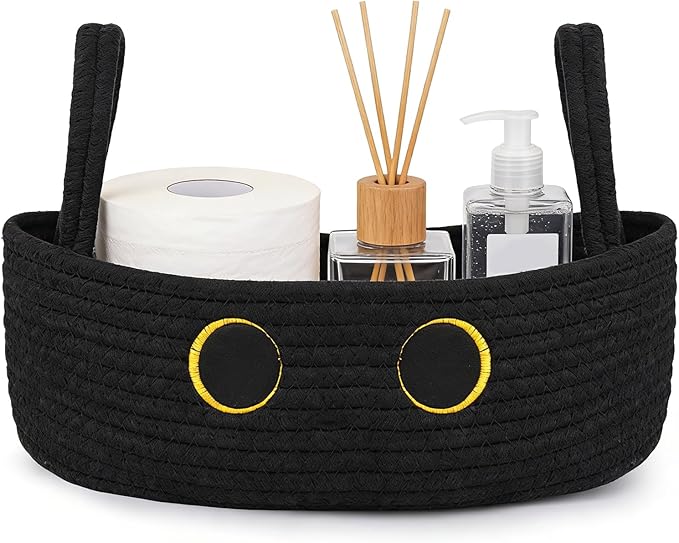 Toilet Black Cat Paper Basket–Cute Cat Oval Woven Bathroom Organizer Toilet Tank Decorative Storage Basket, Shelf Rope Cotton Cat Bin with Handles, Wedding Towel Holder, 13" D x 7.48" H in