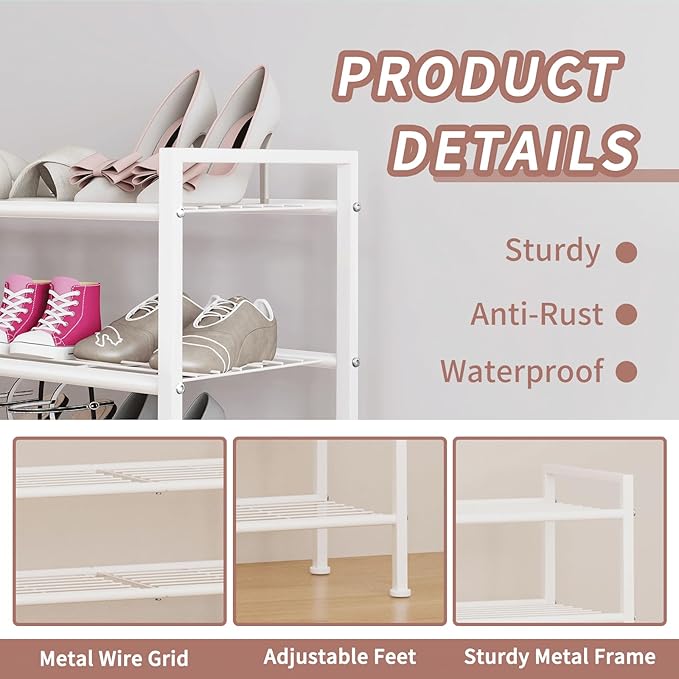 3-Tier Metal Shoe Rack, Sturdy Floor-Mounted Storage Organizer for Closet Entryway Garage Dorm Room, Easy Assembly Multi-Purpose Shelf, White