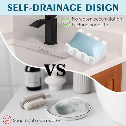 2 Pack Self Draining Silicone Soap Dish for Shower & Kitchen - Non-Slip Waterfall Bar Soap Holder Tray, Soap Saver Keeps Soap Dry, Easy to Clean & Hygienic (White-Green)