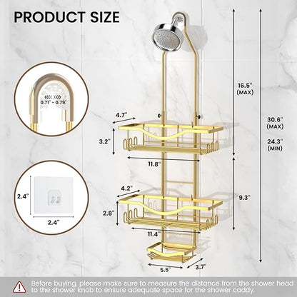 Shower Caddy Hanging Adjustable Shower Caddy, Rustproof Shower Organizer Extended Length Showers Caddy Over Shower Head with Hooks Soap Holder, Large Capacity Anti-Swing Bathroom Organizer, Gold