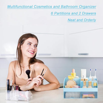 Makeup Organizer with 2 Drawers, Cosmetic Storage for Dresser Vanity and Bathroom Countertop,Make up organization and Skincare Storage with Beauty Brush Holder, Cosmetic Display Case (Blue)