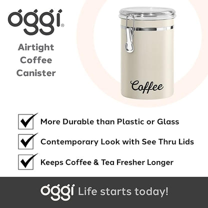 Oggi Stainless Steel Coffee Canister 62 fl oz - Airtight Clamp Lid, Warm Gray, Tinted See-Thru Top - Ideal for Coffee Bean Storage, Ground Coffee Storage, Kitchen Storage, Pantry Storage. 5 x 7.5