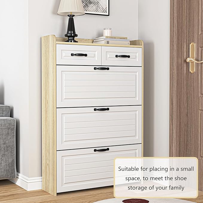 Vibe & Dine Shoe Storage Cabinet with 3 Flip Drawers & 2 Horizontal Drawers, Large Shoe Organizer Cabinet Fits for Kinds of Shoes, Narrow Slim Shoe Rack Cabinet for Entryway, Hallway, Oak