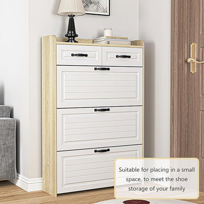 Vibe & Dine Shoe Storage Cabinet with 3 Flip Drawers & 2 Horizontal Drawers, Large Shoe Organizer Cabinet Fits for Kinds of Shoes, Narrow Slim Shoe Rack Cabinet for Entryway, Hallway, Oak