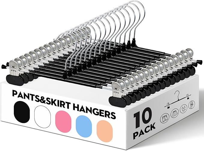 HUADYMEET 10 Pack 12Inch Pants Hangers with Wide Clips,Metal Trouser Hanger for Jeans.Space Saving Skirt Hangers Heavy Duty Non-Slip Adjustable Clothes Shorts Hanger for Women,Men,Black