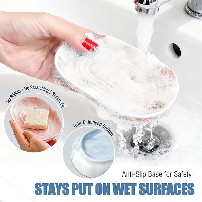 OTHIX Ceramic Soap Dish with Unique Marble Texture, Decorative Bar Soap Holder for Bathroom and Kitchen, Cute Soap Dishes for Bar Soap, Jewelry, Ring (Pink Texture)