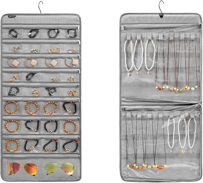 Dual-sided Hanging Jewelry Organizer Necklace Holder Jewelries Storage with 34 Zippered Pockets and 14 Dustproof Hook Loops (GREY)