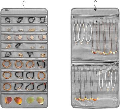 Dual-sided Hanging Jewelry Organizer Necklace Holder Jewelries Storage with 34 Zippered Pockets and 14 Dustproof Hook Loops (GREY)