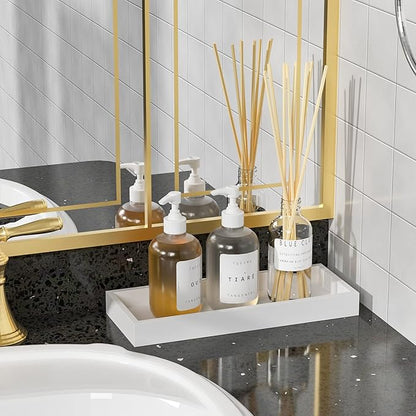Bathroom Vanity Tray for Counter Bamboo Bathroom Decorative Tray, Dresser Top Perfume Tray for Home Decoration 11.3” L x 4.4” W x 1.14” H （White）