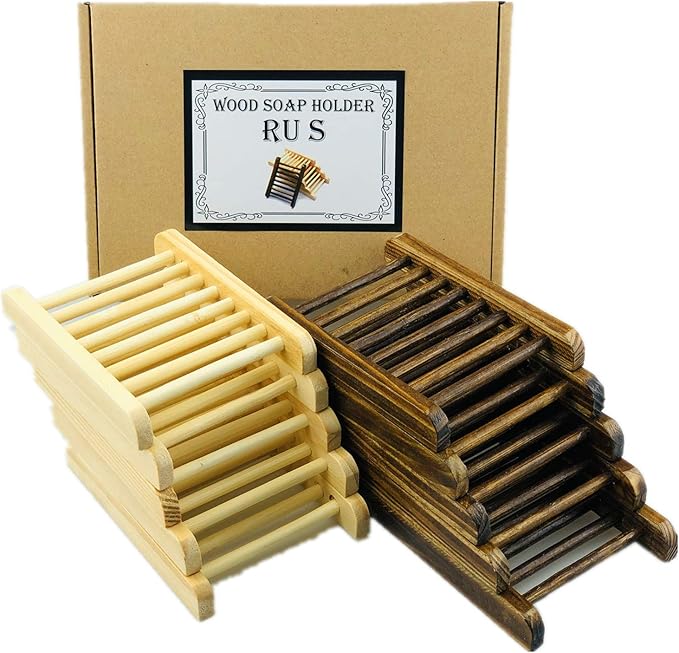 Ru S 10 Piece Home Bamboo Wood Soap Holder, Bathroom Wooden Soap Case, Hand Craft Bathtub Shower Dish Accessories (Charcoal and Wooden)