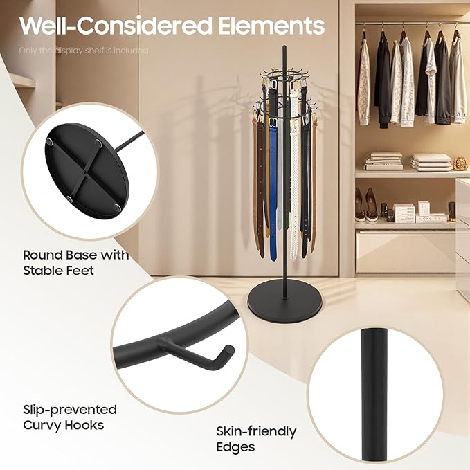 Floor Standing Belt Display, Tie Rack Floor Mounted Belt Hanger Belt Display Shelf Purse Hanger Stand Scarf Stand Adjustable Feet for Home, Boutiques, Clothing Stores, Retail Stores (Black)