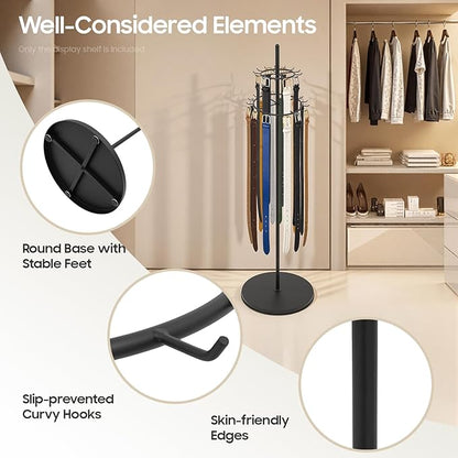 Floor Standing Belt Display, Tie Rack Floor Mounted Belt Hanger Belt Display Shelf Purse Hanger Stand Scarf Stand Adjustable Feet for Home, Boutiques, Clothing Stores, Retail Stores (Black)
