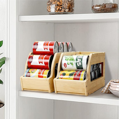 Yumkfoi Bamboo Can Organizers and Storage for Pantry, Soda Can Organizer Beverage Drink Holders, Stackable Canned Goods Organizer Can Dispenser for Pantry, Kitchen, Cabinet (2 Pack)