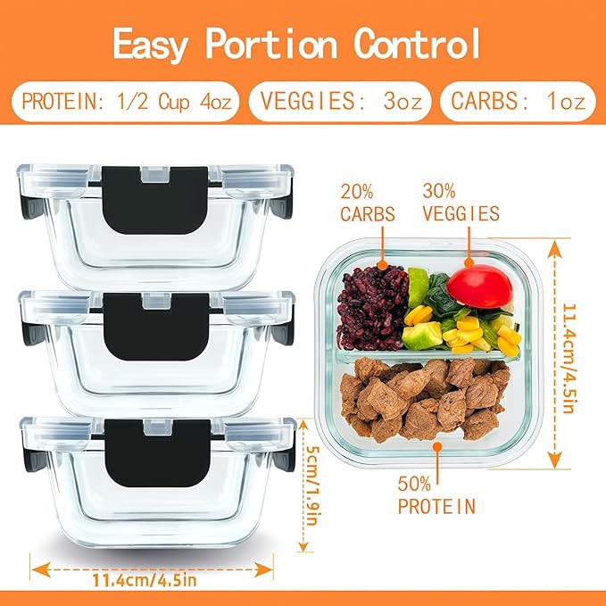 Bariatric Meal Prep Containers, 8 oz Glass Bariatric Portion Control Containers with Two 4 oz Compartments (3 Pack), Reusable Lunch Box Bento Box with Lids, Glass Snack Containers with Lids