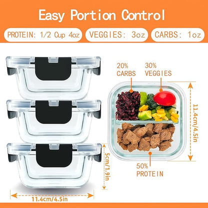 Bariatric Meal Prep Containers, 8 oz Glass Bariatric Portion Control Containers with Two 4 oz Compartments (3 Pack), Reusable Lunch Box Bento Box with Lids, Glass Snack Containers with Lids
