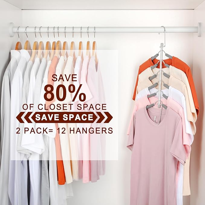 TOPIA HANGER Clothes Hanger Space Saving, 6 Tier Shirt Coat Hangers Space Saving No Bump Shoulder Hangers with No Slip Foam Padded Closet Organizers and Storage for Men and Women 2 Pack CT87G