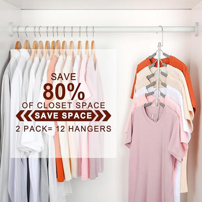 TOPIA HANGER Clothes Hanger Space Saving, 6 Tier Shirt Coat Hangers Space Saving No Bump Shoulder Hangers with No Slip Foam Padded Closet Organizers and Storage for Men and Women 2 Pack CT87G