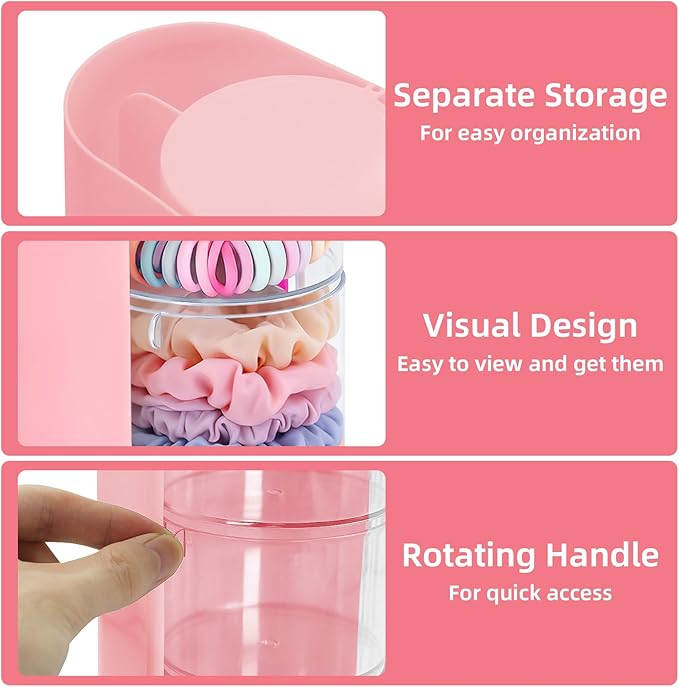 neotidy Hair Accessories Organizer with Hair Brush Holder, Rotating Hair Tie Product Organizer for Girls, 3-Tier Makeup Brush Holder for Clips, Bows & Brushes (Pink, 3-Tier)