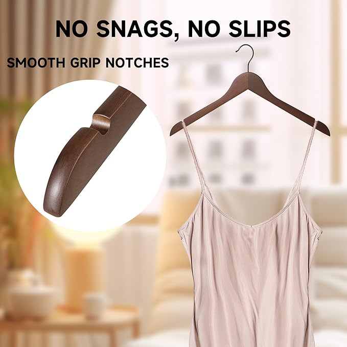 Premium Wooden Top Hangers, Heavy Duty Solid Wood Suit Hangers with 360° Swivel Hook & Anti-Slip Notches, Durable Clothes Hangers for Jackets, Coats, Shirts & Dresses(Walnut/24-Pack)