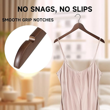 Premium Wooden Top Hangers, Heavy Duty Solid Wood Suit Hangers with 360° Swivel Hook & Anti-Slip Notches, Durable Clothes Hangers for Jackets, Coats, Shirts & Dresses(Walnut/24-Pack)