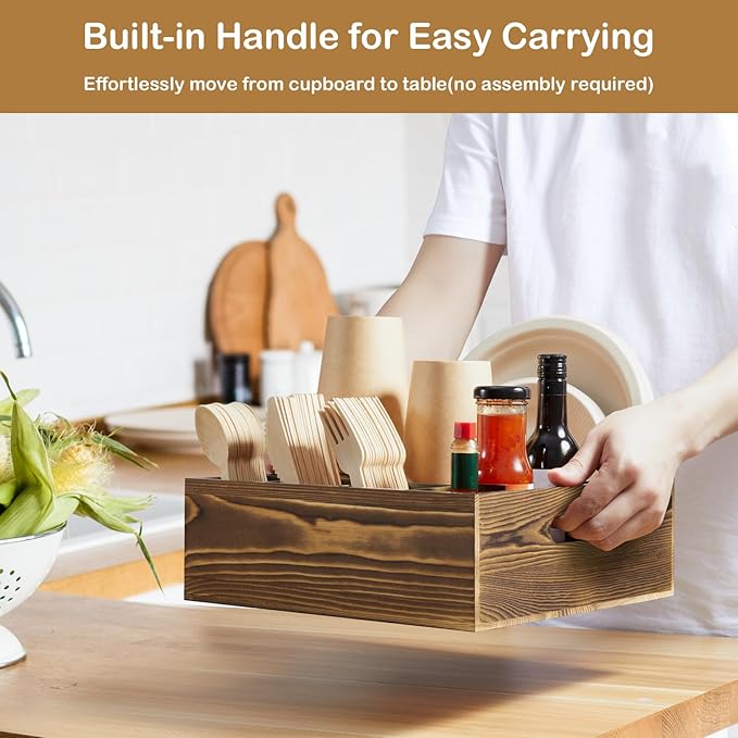 Wood Utensil Holder for Party, 6-Compartment Paper Plate Organizer with Handles, Wooden Silverware Caddy for Picnic, Camping, BBQ, Buffet, and Kitchen Countertop Organization, Brown