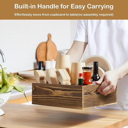 Wood Utensil Holder for Party, 6-Compartment Paper Plate Organizer with Handles, Wooden Silverware Caddy for Picnic, Camping, BBQ, Buffet, and Kitchen Countertop Organization, Brown
