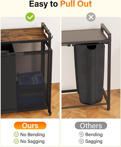 Laundry Hamper 2 Section: Laundry Sorter with Pull-Out Cart - Rolling Laundry Basket Organizer with Shelf and Wheels - Clothes Hamper for Laundry Room Bathroom Bedroom